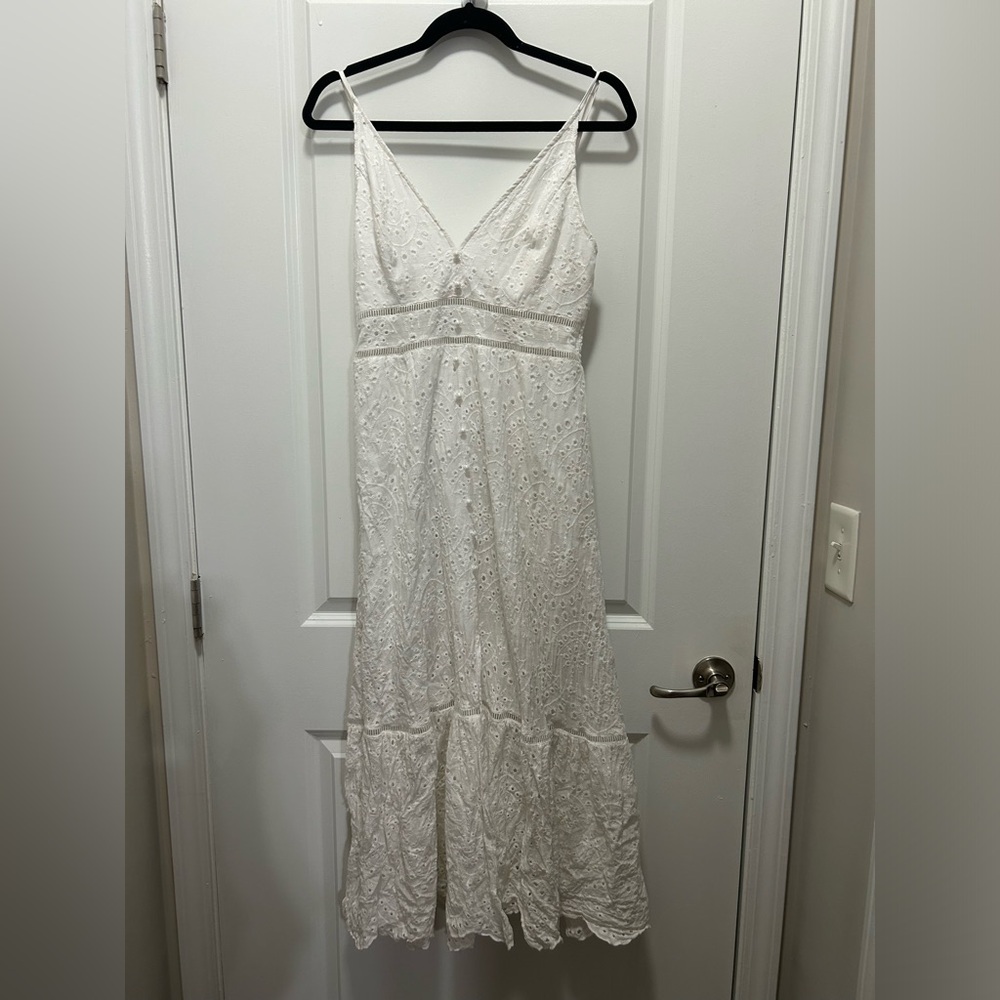 White Simplee V Front Eyelet Lace Midi Dress Women’s Large